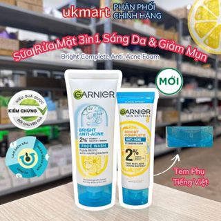 Sữa Rửa Mặt Garnier 3 Trong 1 Giảm Mụn & Sáng Da 90ml Bright Complete 3 in 1 Foam Anti Acne 50ml - 100ml