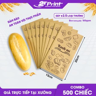 Combo 500 Túi Đựng Bánh Mì In Sẵn Size 13x25cm, Giấy Kraft Nhật Siêu Dày, Túi Giấy Bánh Mì Không Mùi, An Toàn Thực Phẩm