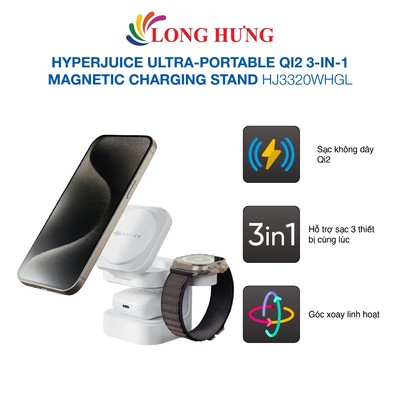 Đế sạc không dây HyperJuice Ultra-Portable Qi2 3-in-1 Magnetic Charging Stand HJ3320WHGL - Hàng chính hãng