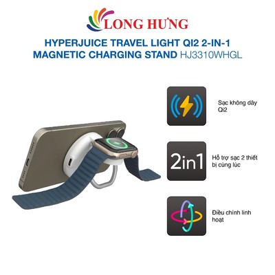 Đế sạc không dây HyperJuice Travel Light Qi2 2-in-1 Magnetic Charging Stand HJ3310WHGL - Hàng chính hãng