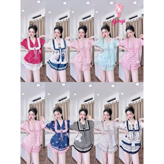 [ Size40-60kg Đồ Ngắn130824 ]Đồ bộ nữ mặc nhà áo tay ngắn quần ngắn phối nút thắt tiểu thư chất lụa latin mềm mại