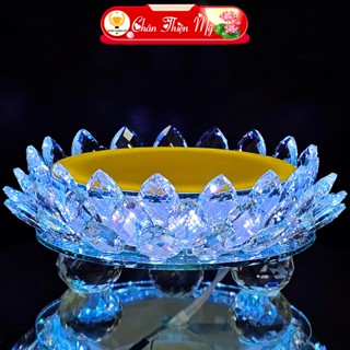 Đài Sen Pha Lê Tròn Trang Trí Tượng Quan Âm Cùng Phật Di Lặc CHÂN THIỆN MỸ, Có Đèn LED Đổi Màu Kèm Điều Khiển Từ Xa