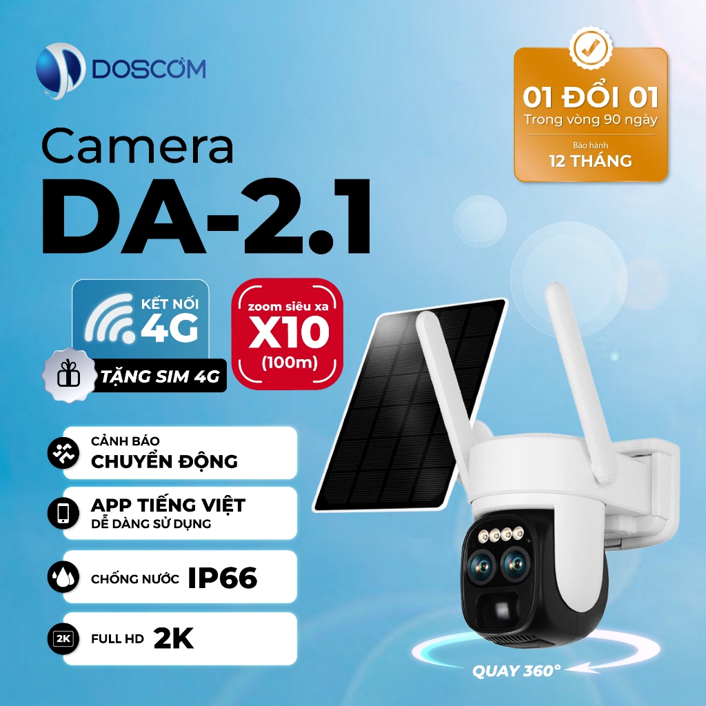 Camera năng lượng mặt trời DOSCOM DA2.1, camera 4G ngoài trời giám sát an ninh toàn cảnh 360°