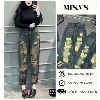 QUẦN BAGGY JEAN NỮ LƯNG CAO RÁCH CÀO TE TUA HAI ĐÙI GỐI MÀU XANH ĐẬM PHÁ CÁCH BỤI BẶM ÔM DÁNG