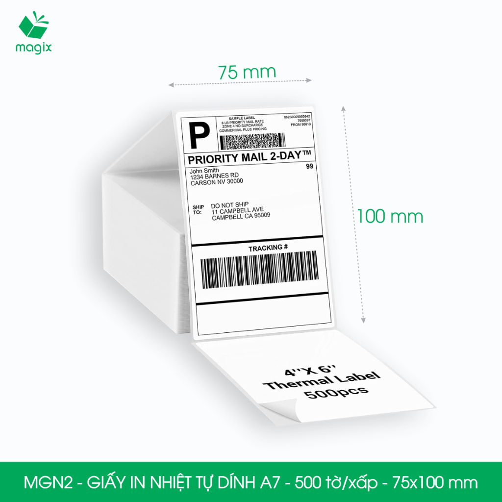 MGN2 - 75x100 mm - Xấp 500 tờ giấy in nhiệt A7 tự dính - Giấy in đơn hàng, giấy in A7