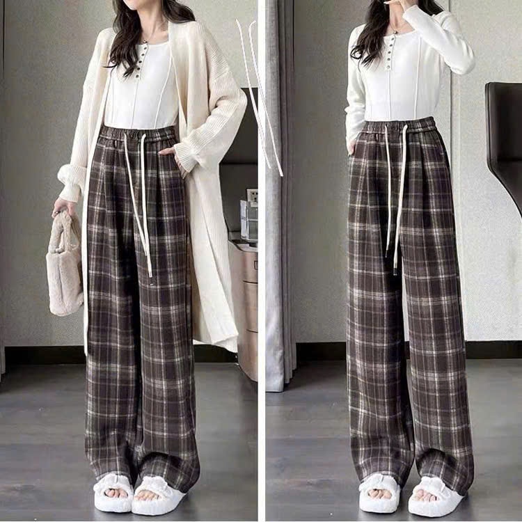  Quần Ống Rộng Sọc Caro Nam Nữ NAD Quần ống suông Dáng cạp chun lưng cao chất Vải Dạ  Dầy Dặn Cá Tính Thời Trang 