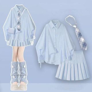  Set 3 món áo sơ mi kèm cà vạt chân váy xêp ly Nhật Màu hồng cute,baby girl váy áo đồng phục học sinh nữ 