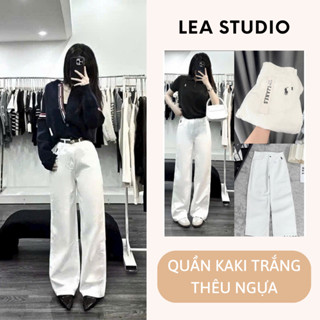 Quần Kaki Nữ Ống Suông Thêu Ngựa Quần Dài Trắng Nữ Form Basic Cạp Cao Hack Dáng - Lea.studio 