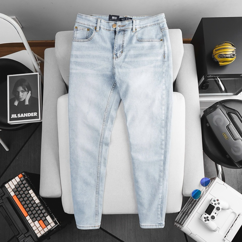 Quần jean nam vnxk ống ôm côn xanh bạc trắng form slimfit ống ôm nhẹ jean co giãn vnxk chất xịn