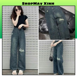 Quần jean lưng cao ống suông phối rách phong cách premium