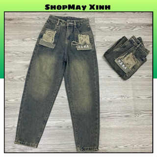 Quần baggy jeans nữ lưng cao 2 túi vuông hộp rách lộ túi chữ kaka màu xanh phủ vàng lai cuốn tôn dáng