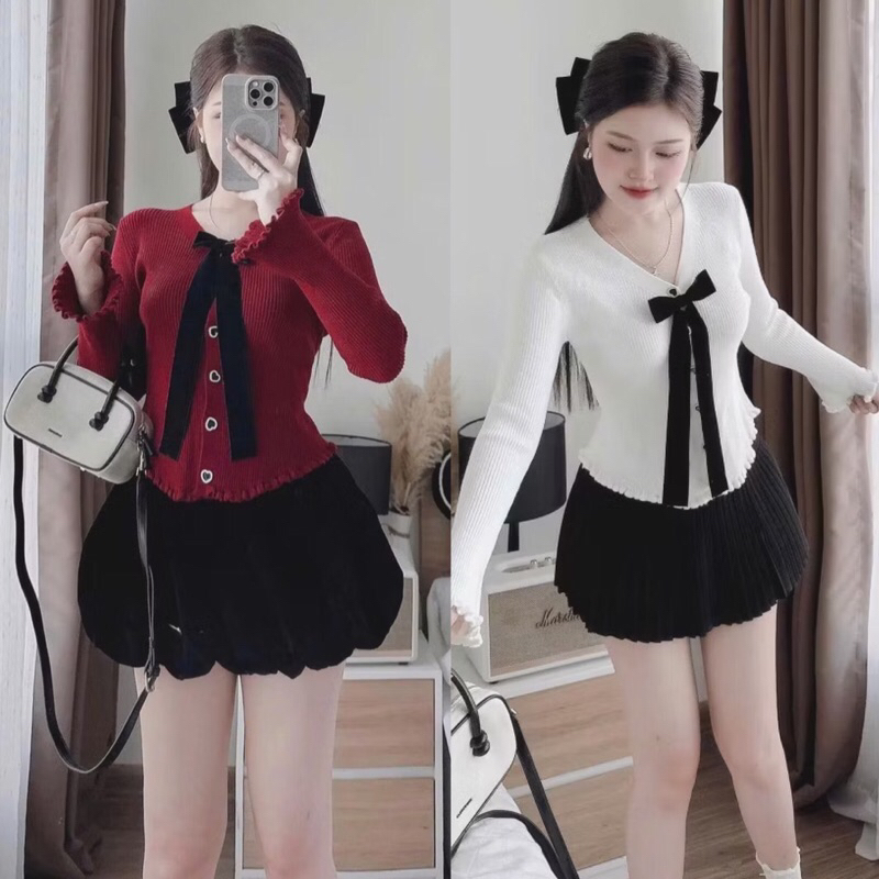 CÓ BIGSIZE - Áo len tay loe nơ cài cúc đính phong cách Hàn Quốc  A348