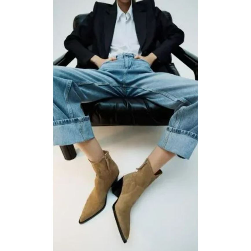 Zara Women's Cowoy Split Leather Heeled Ankle Boots - Brown - Size 37.5 - 38