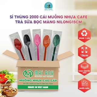 Thùng 2000 cái muỗng nhựa cafe, trà sữa bọc màng nilong15cm loại tốt dùng 1 lần (muỗng ngắn - BM / LT)