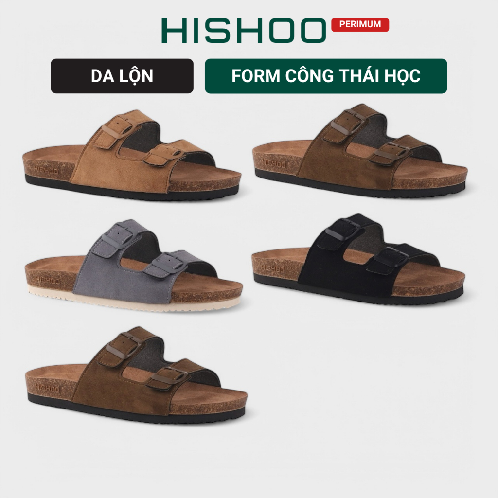 Dép đế trấu birken nam nữ unisex quai ngang 2 khoá da lộn premium đi học công sở bigsize chính hãng Hishoo VNXK H093