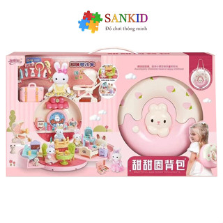 Đồ chơi balo hình bánh Donut biến hình ngôi nhà búp bê thỏ đáng yêu cho bé