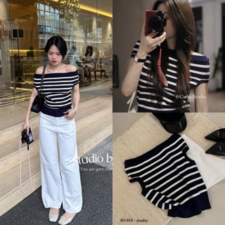 Áo Len Nữ Trễ Vai Sọc Ngang – Co Giãn Tốt, Mềm Mịn, Phong Cách Hàn Quốc QCLL1 Freesize X07