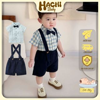 Set body công tử ,đồ bộ bé trai áo caro đính nơ mặc đầy tháng, thôi nôi từ 06 đến 12kg Hachi Baby