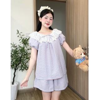 Bộ ngủ kiểu nữ chất xốp cotton dáng vừa viền ren tiểu thư họa tiết kẻ caro mặc ở nhà Kozoda BN24A