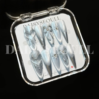 [001] Nail box mắt mèo ánh trăng xanh xám tráng gương đầu móng vẽ nơ - móng tay giả mắt mèo đẹp [KHÔNG KÈM HỘP]