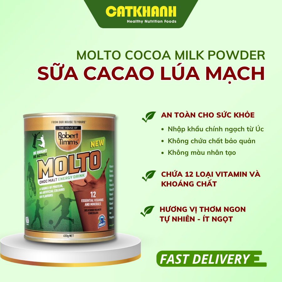 Sữa Bột Cacao Lúa Mạch Molto Cocoa Milk Powder Úc Lon 450g Thức Uống Cung Cấp Năng Lượng | Cát Khánh