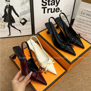 Giày cao gót mũi nhọn phối nơ da bóng mềm 5p hàng cao cấp full hộp ( TT15 )