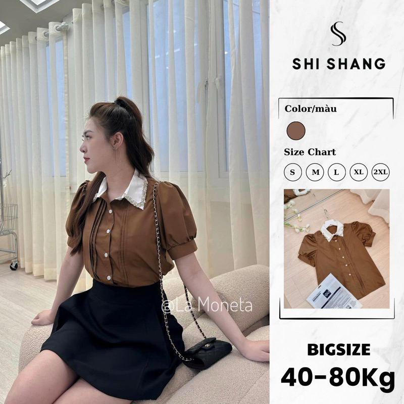 Áo sơ mi nâu li dọc phối cổ đính cườm cao cấp