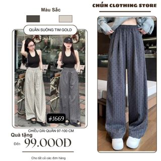  Quần Ống Rộng Chất Gold Hàn Nữ Kẻ Sọc Phối Hoạ Tiết Trái Tim Quần Ống Suông Cạp Chun Lưng Cao Mặc Đi Chơi Hottrend 2025 
