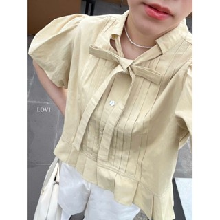 Áo kiểu sơmi croptop form babydoll tay phồng thắt nơ xinh xắn cho nữ OLI TOP - LOVI