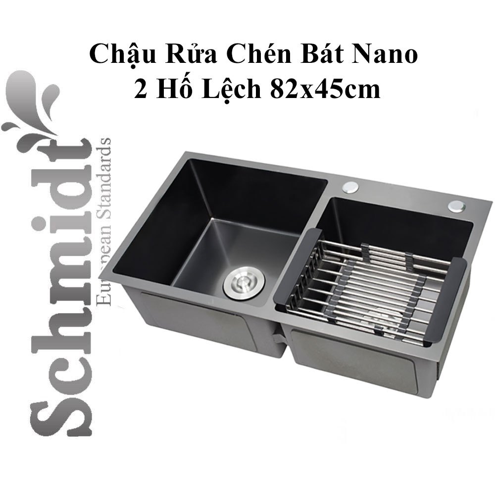 Chậu Rửa Chén Bát Schmidt Inox 201/304 Đôi Đúc 2 Hố Lệch Nano Màu Đen Chống Trầy Xước 82x45cm