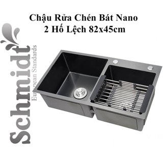 Chậu Rửa Chén Bát Schmidt Inox 201/304 Đôi Đúc 2 Hố Lệch Nano Màu Đen Chống Trầy Xước 82x45cm