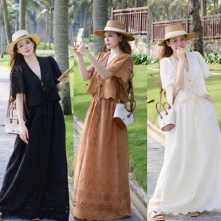 BIGSIZE HIẾU HIẾU (55-95KG) - Set thời trang đi du lịch điệu đà Áo cổ v cột nơ + Chân váy dáng dài phối ren S505