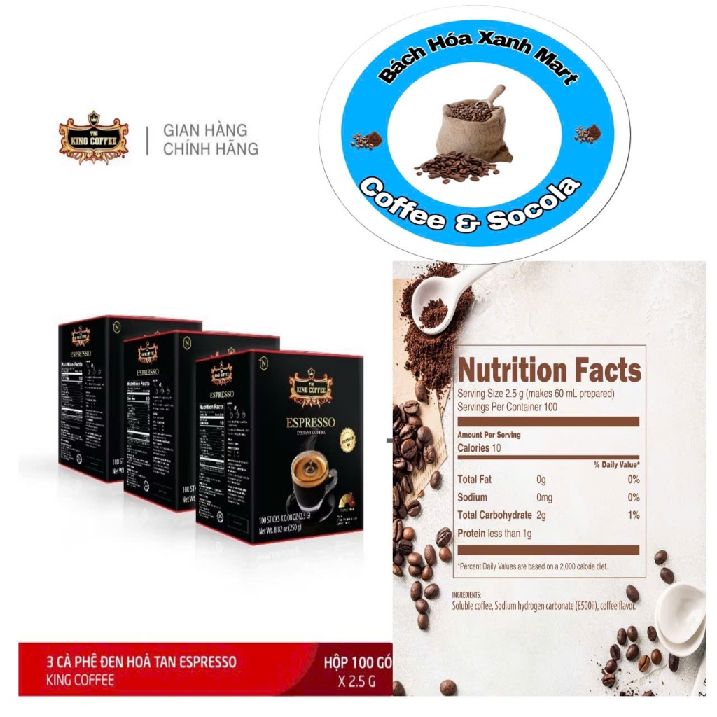 Cà Phê Hoà Tan Đen Không Đường King Coffee Espresso Instant Box 100 sticks* 2.5 gr