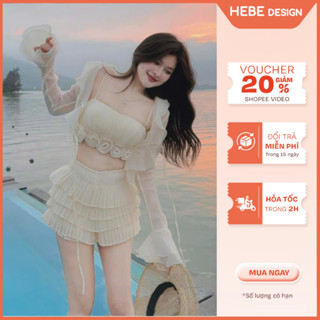 Set Alice tiểu thư Bộ áo croptop cúp ngực phối tay voan kèm chân váy ngắn tầng đi biển HeBe Boutique