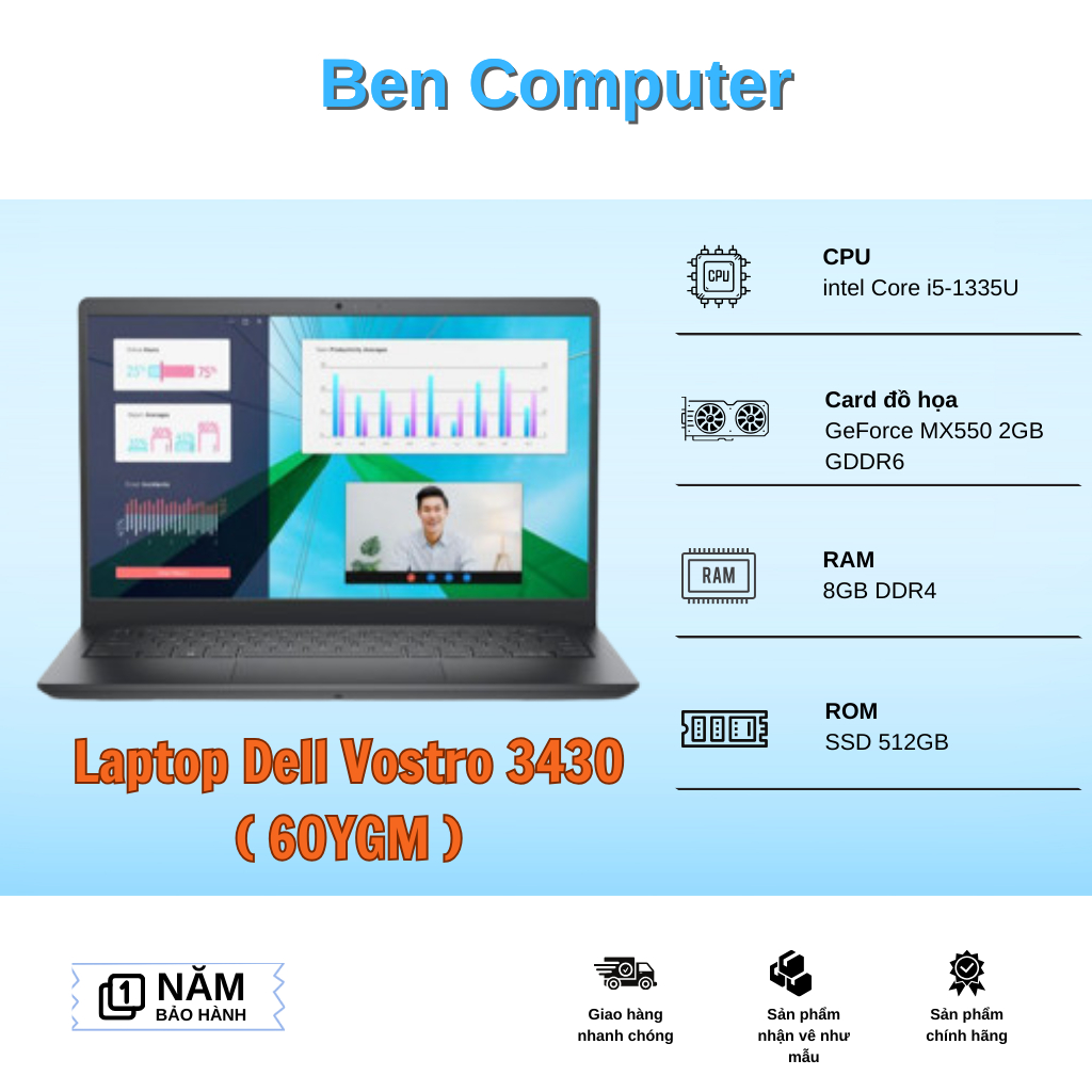 Laptop Dell Vostro 3430 ( 60YGM ) | Intel Core I5 - 1335U | RAM 8GB | 512GB SSD | NVIDIA GeForce MX5