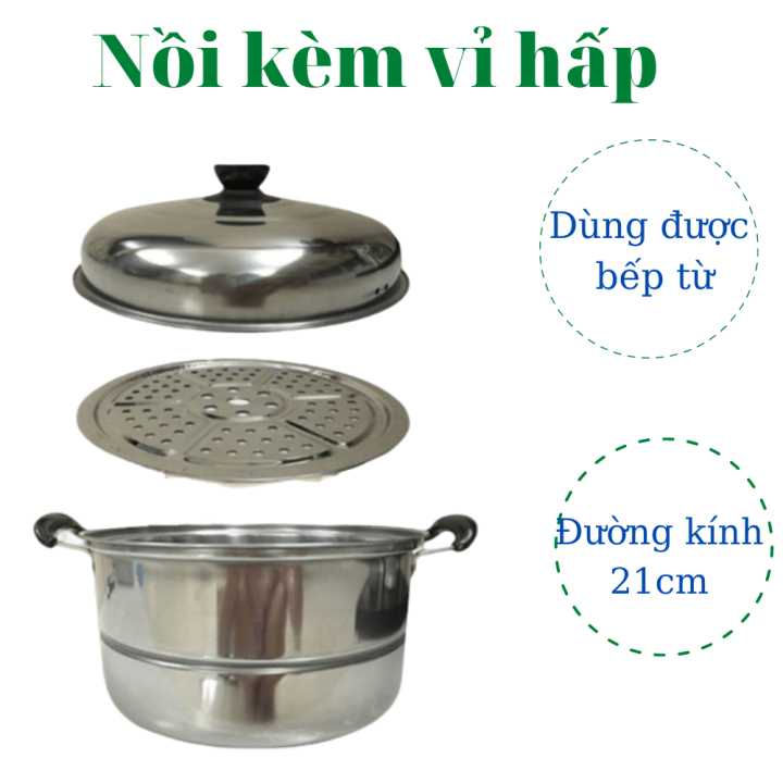 [DÙNG ĐƯỢC BẾP TỪ] Nồi inox Fi20cm có xửng hấp kèm theo tiện lợi. Nồi inox an toàn