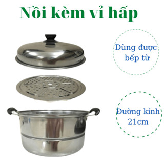 [DÙNG ĐƯỢC BẾP TỪ] Nồi inox Fi20cm có xửng hấp kèm theo tiện lợi. Nồi inox an toàn