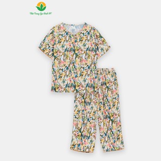 Đồ bộ mặc nhà nữ bigsize 75-80kg chất Lanh Việt Thắng, quần lửng, áo cộc tay - B06.5046