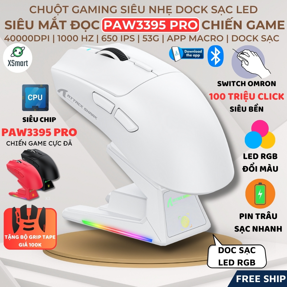 Chuột Không Dây Gaming Attack Shark X1 PAW3395 Pro, 40.000DPI Dock Sạc LED RGB