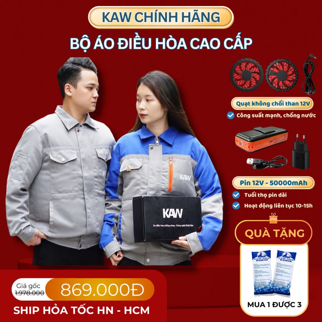 Áo Điều Hòa KAW Chính Hãng - Pin Khỏe 12-15H - Quạt Mát - Chống Nắng Nóng Và An Toàn