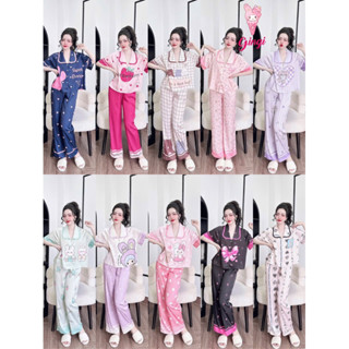 [ Size40-60kg TNQD270624 ]Đồ nữ mặc nhà áo tay ngắn quần dài form croptop phối hoạ tiết đáng yêu chất lụa latin