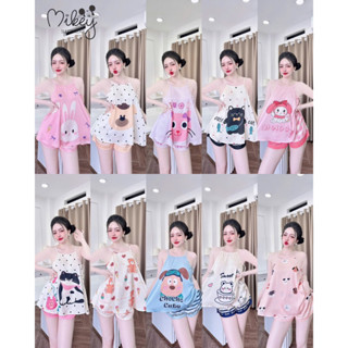 [ Size40-60kg Đồ Yếm ]Đồ nữ mặc nhà,mặc dạo phố áo yếm quần ngắn hoạ tiết dễ thương phối lụa latin cao cấp