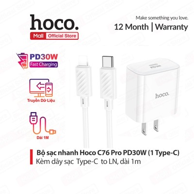 Bộ sạc nhanh Typec to IP PD30W Hoco C76 Pro ,PC + ABS chống cháy,dài 1m dùng cho 11/12/13/14 (chân dẹt)