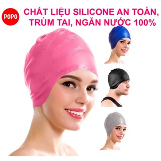 Mũ bơi người lớn silicone cao cấp POPO dùng được cho nam, nữ ngăn nước, chùm được búi tóc dài