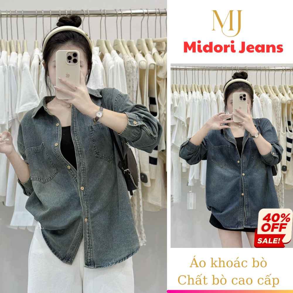 Áo khoác jean form nữ dáng rộng dài tay, Áo khoác nữ có cổ phong cách thời thượng HS10 Midori Jeans