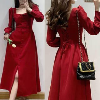 Đầm midi Cati cổ vuông dài tay màu đỏ dự tiệc siêu sang chảnh A2440
