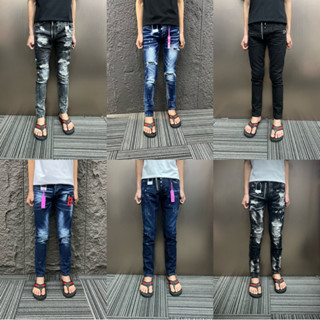 Quần Jean Nam DSQ2 xanh vẩy sơn 4cúc loang rách nhẹ dành cho nam