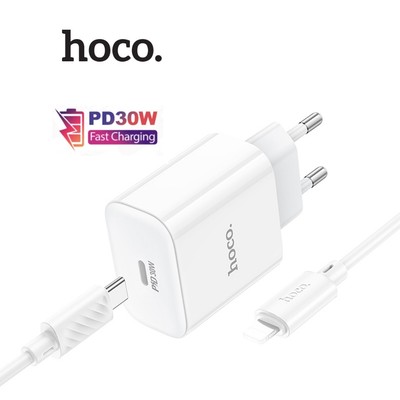 Bộ sạc nhanh TypeC to IP PD30W Hoco C76A Pro, PC + ABS chống cháy, dài 1m dùng cho 11/12/13/14 (chân tròn)