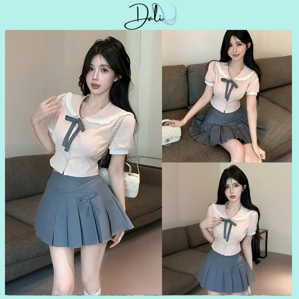 Set Tiểu Thư Hàn Quốc 2 Món Gồm Áo Sơ Mi Màu Hồng Viền Bèo Đính Nơ + Chân Váy Xếp Ly Màu Xám Có Quần Trong | BigBuy360 - bigbuy360.vn