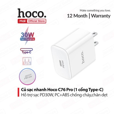 Củ sạc nhanh PD30W Hoco C76 Pro 1 cổng Type-C ,tương thích nhiều thiết bị,chân dẹt